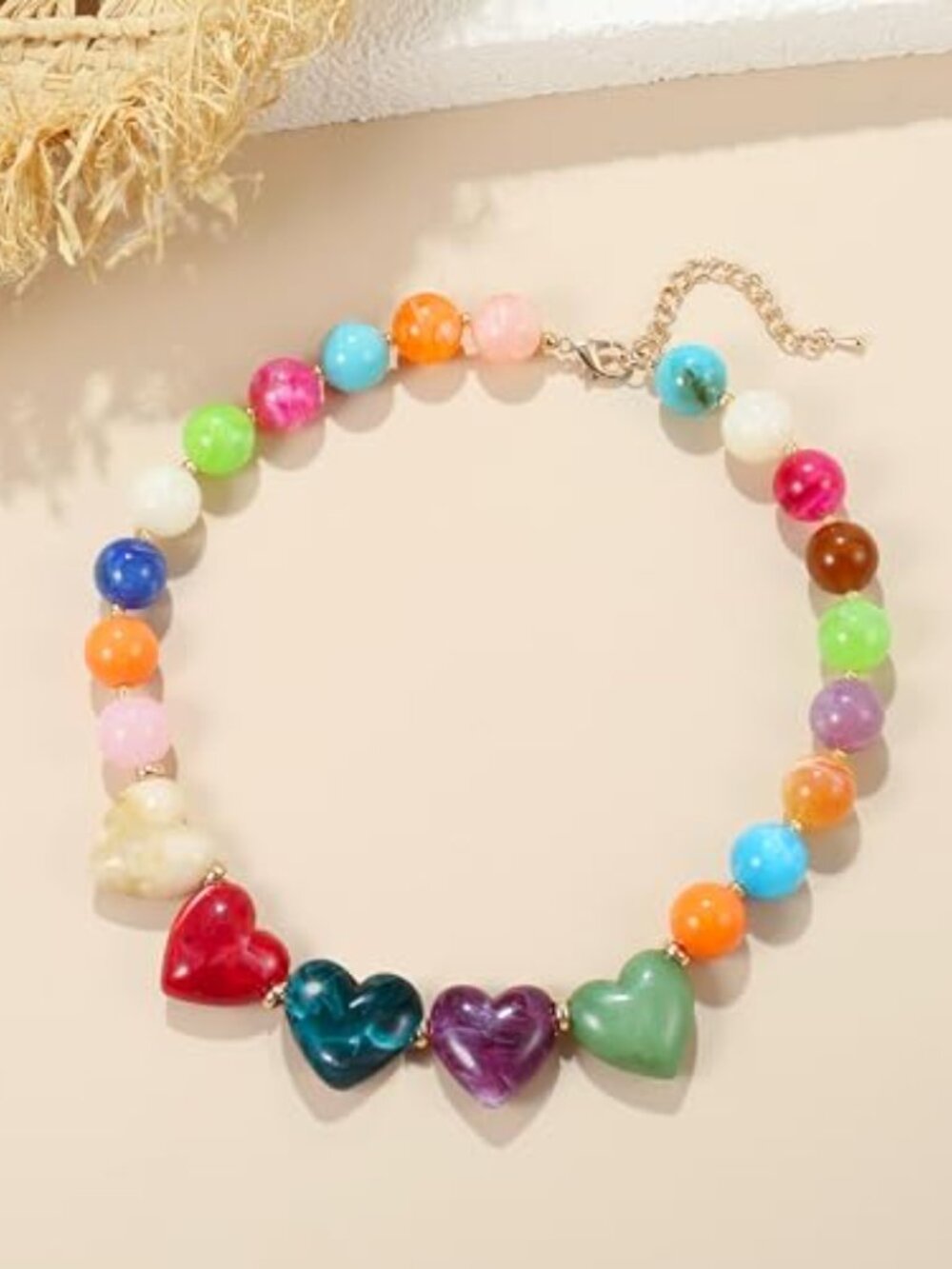Chunky Heart Necklace for Women, Colorful Acrylic Beaded Statement Puff Heart - Picture 3 of 3